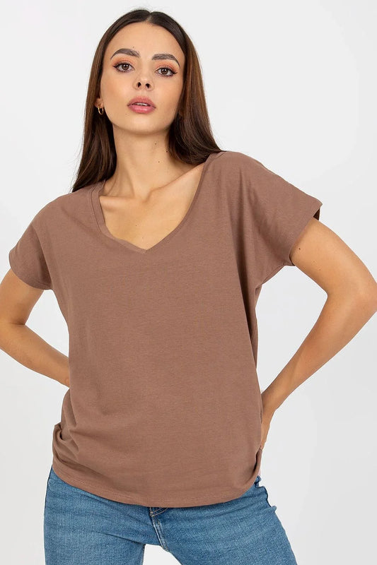 Women V-Neck Short-Sleeves T-Shirt – Stretchable - Brown -Guocali
