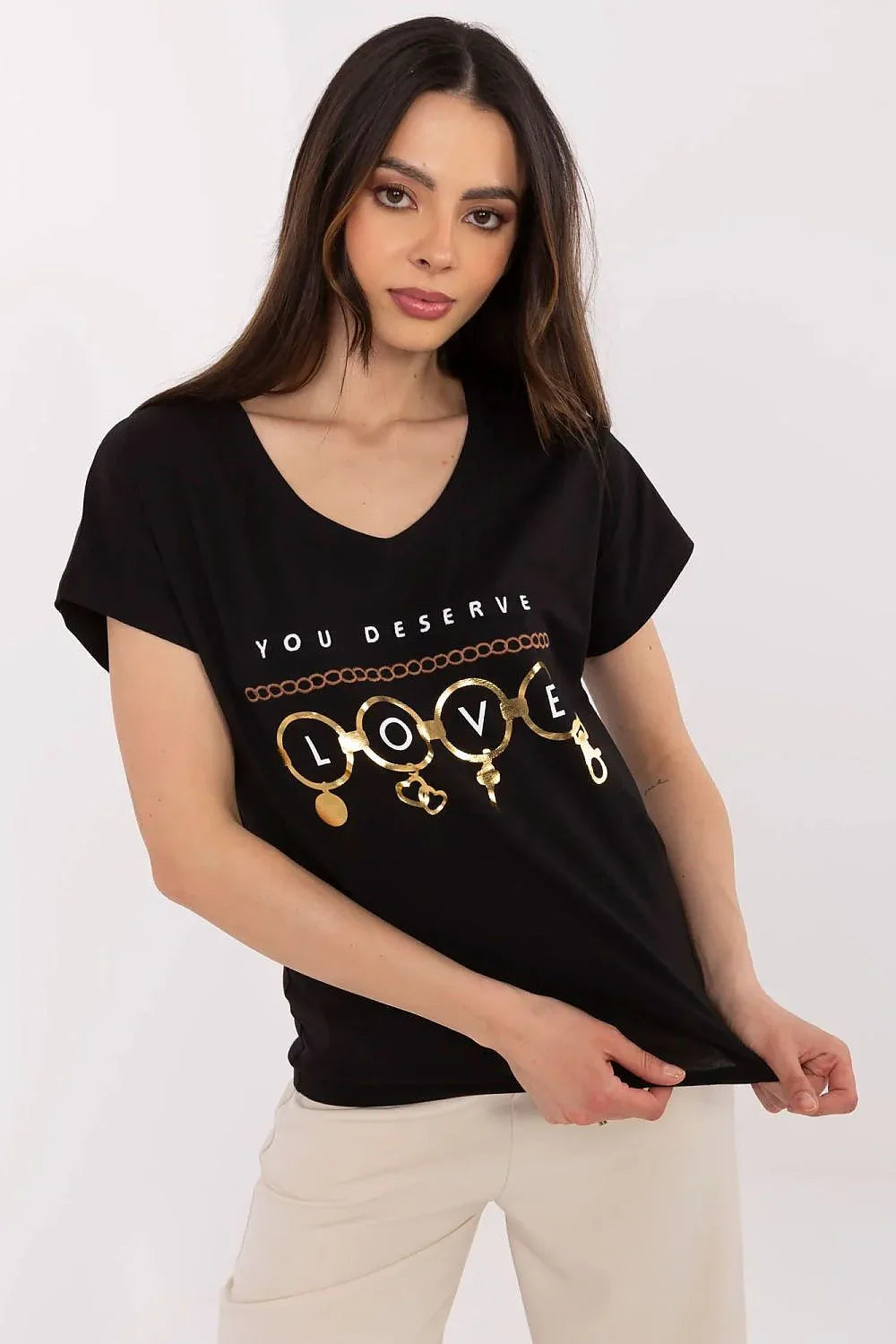 Women V-Neck Short-Sleeves T-Shirt – Stretchable, Gold, White