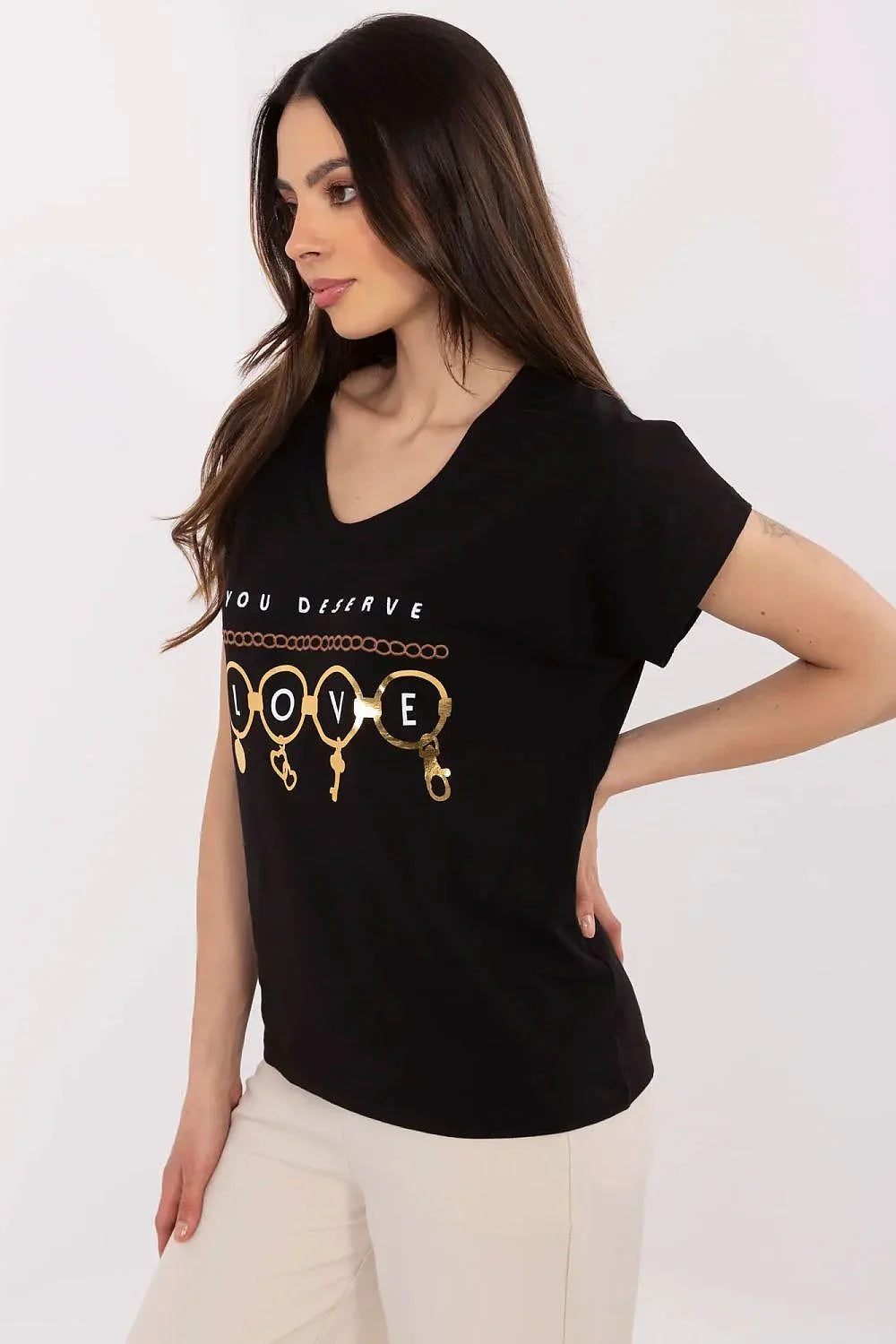 Women V-Neck Short-Sleeves T-Shirt – Stretchable, Gold, White