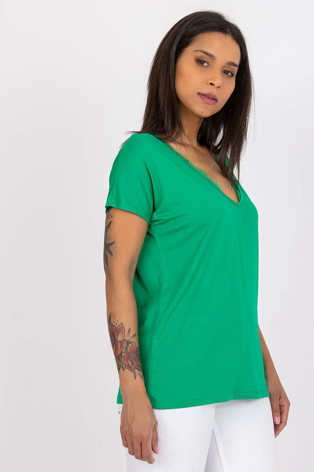 Women V-Neck Short-Sleeves T-Shirt – Stretchable - Green -Guocali