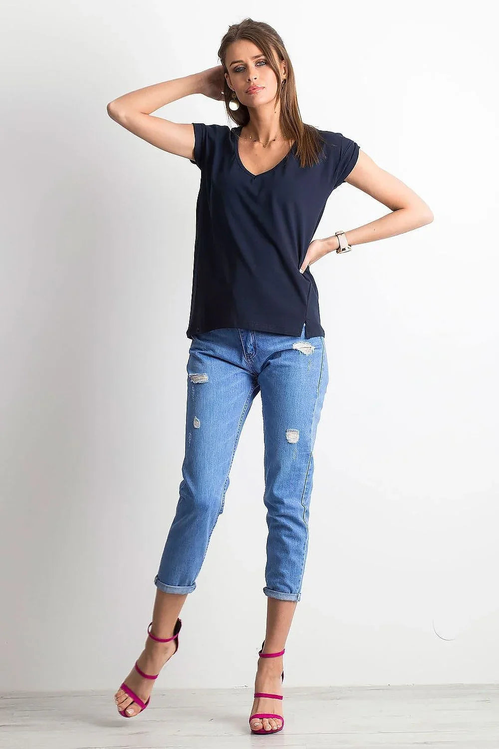 Women V-Neck Short-Sleeves T-Shirt – Stretchable - Navy -Guocali