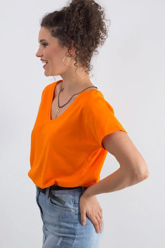 Women V-Neck Short-Sleeves T-Shirt – Stretchable - Orange -Guocali