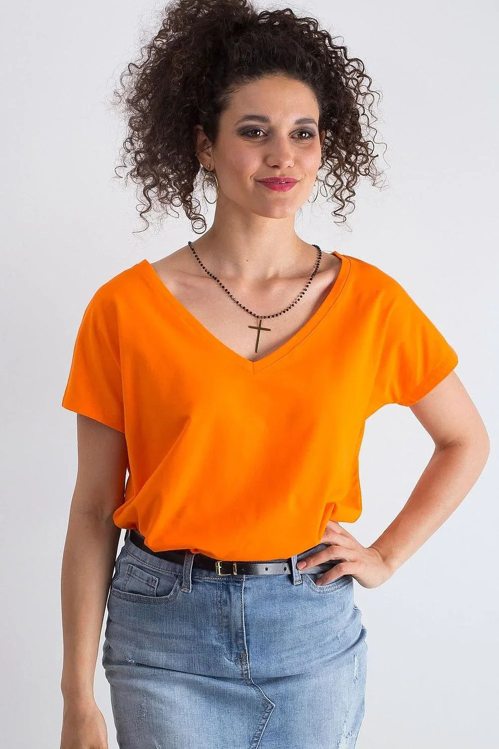 Women V-Neck Short-Sleeves T-Shirt – Stretchable - Orange -Guocali