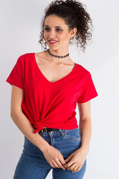 Women V-Neck Short-Sleeves T-Shirt – Stretchable - Red -Guocali