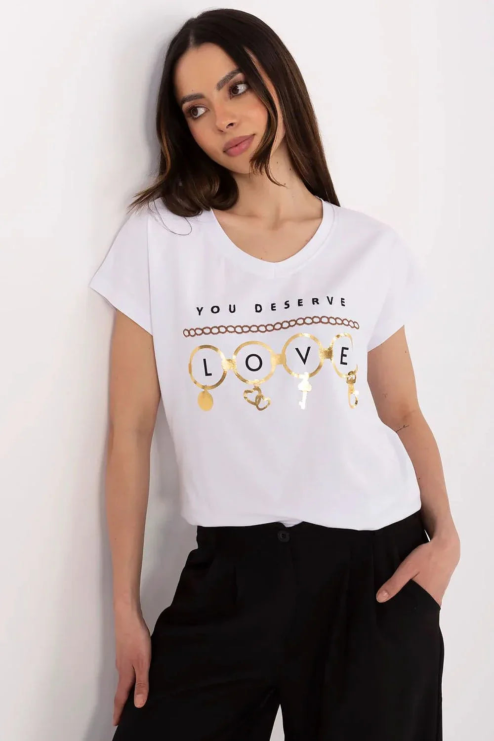Women V-Neck Short-Sleeves T-Shirt – Stretchable - White -Guocali