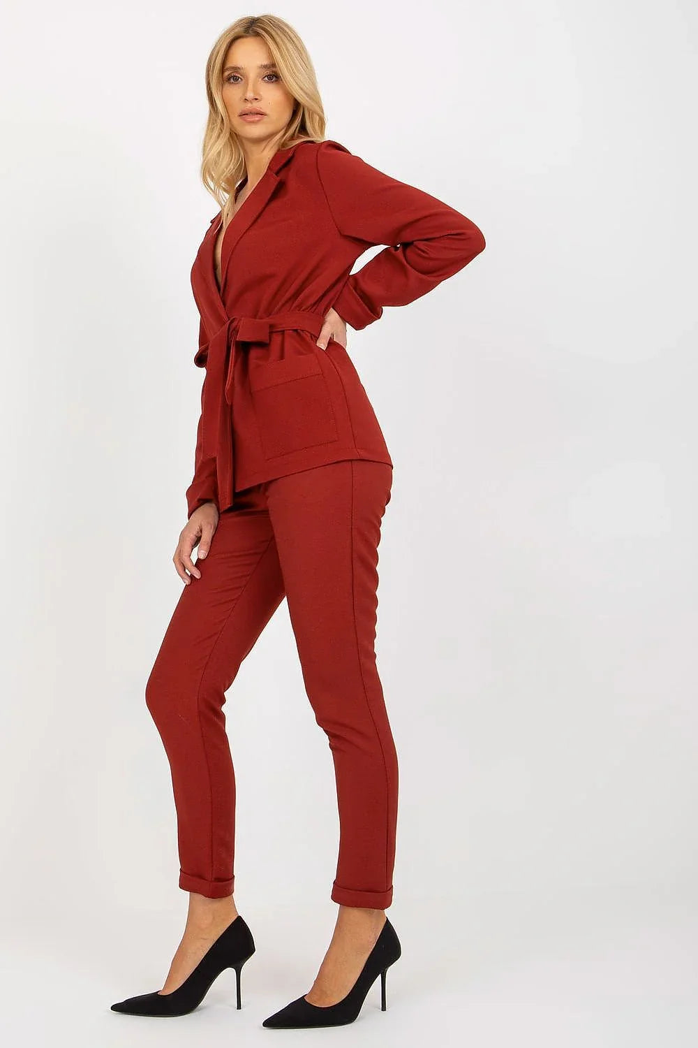 Women's Blazer - Belted Wrap Solid Wool - Regular Fit Hip-Length - Red – Suit Jacket | GUOCALI – view 4