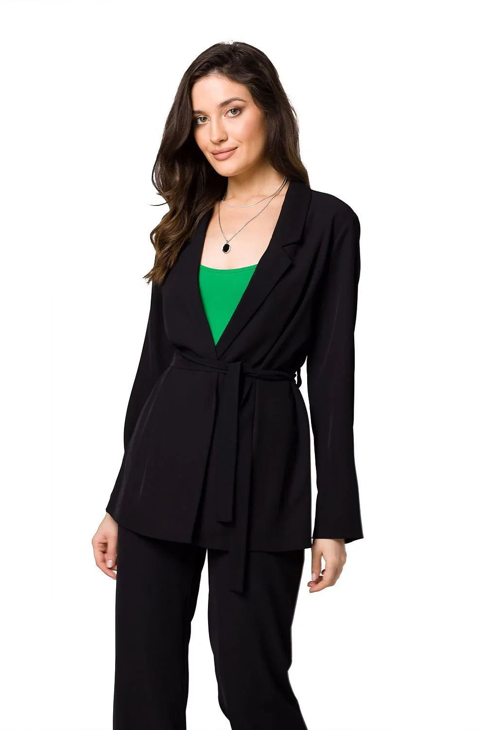Women's Blazer - Belted Wrap Solid Wool - Regular Fit Longline - Black – Blazer | GUOCALI