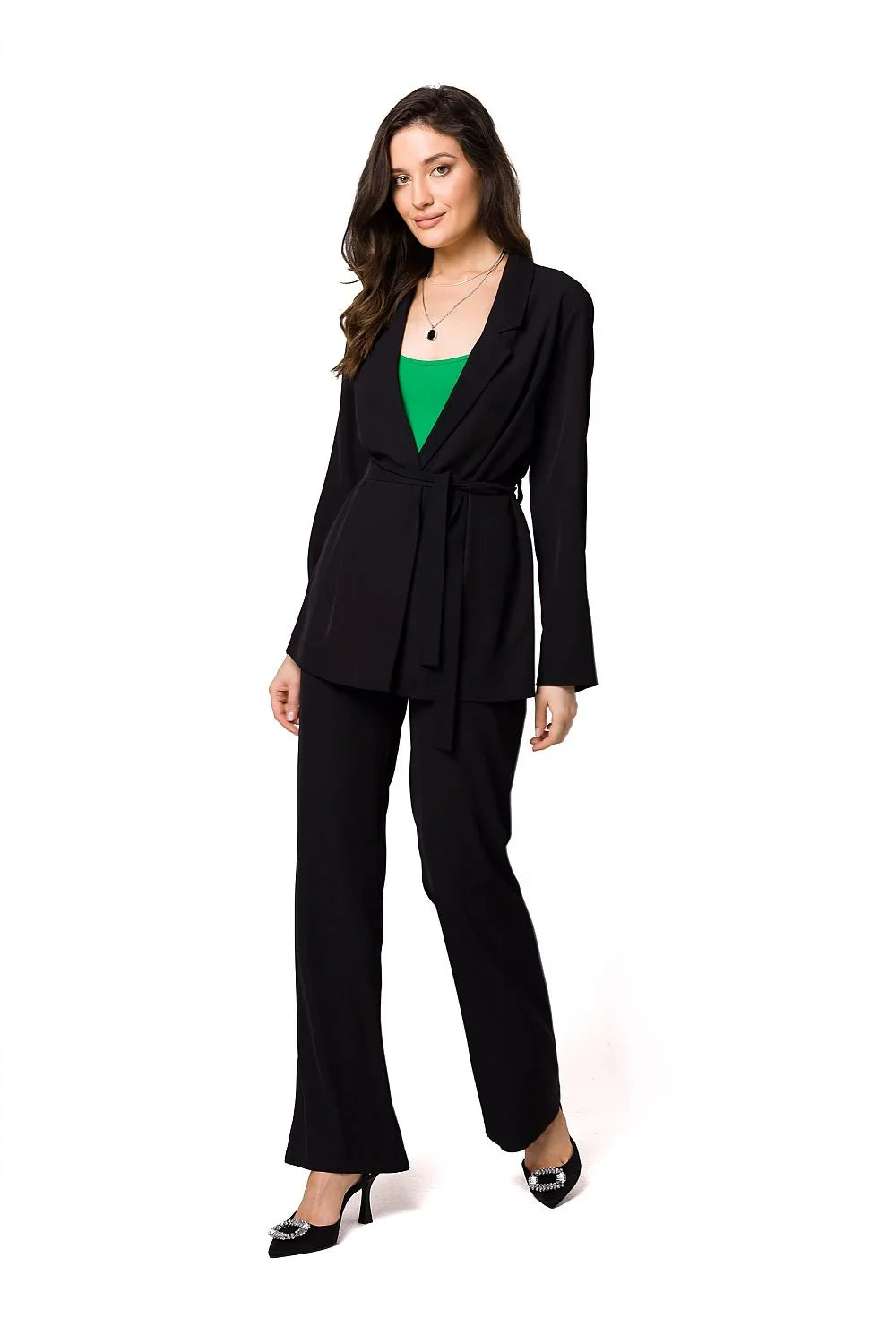 Women's Blazer - Belted Wrap Solid Wool - Regular Fit Longline - Black – Blazer | GUOCALI – view 2
