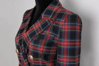 Women's Blazer - Double-Breasted Plaid - Slim Fit Thigh-Length - Black – Blazer | GUOCALI – view 6