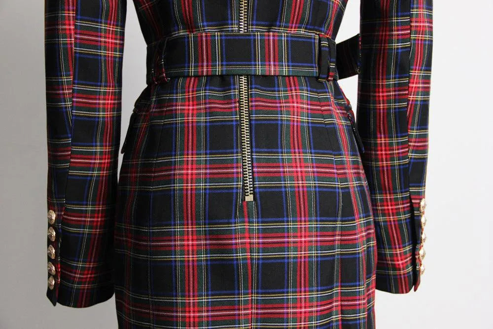 Women's Blazer - Double-Breasted Plaid - Slim Fit Thigh-Length - Black – Blazer | GUOCALI – view 7