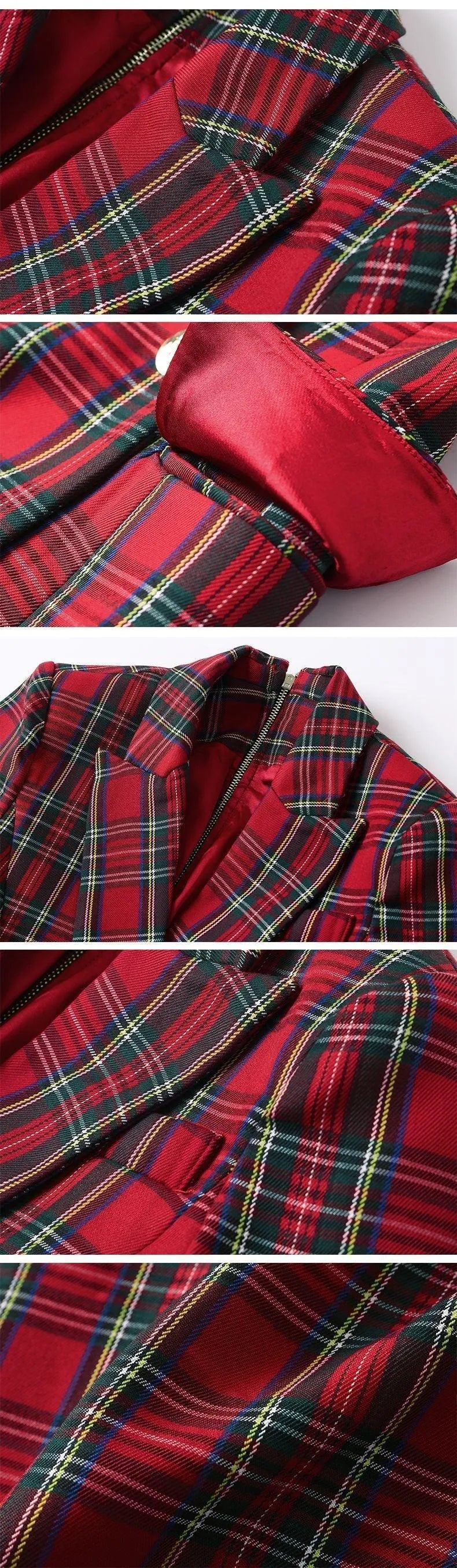 Women's Blazer - Double-Breasted Plaid - Slim Fit Thigh-Length - Red – Blazer | GUOCALI – view 4