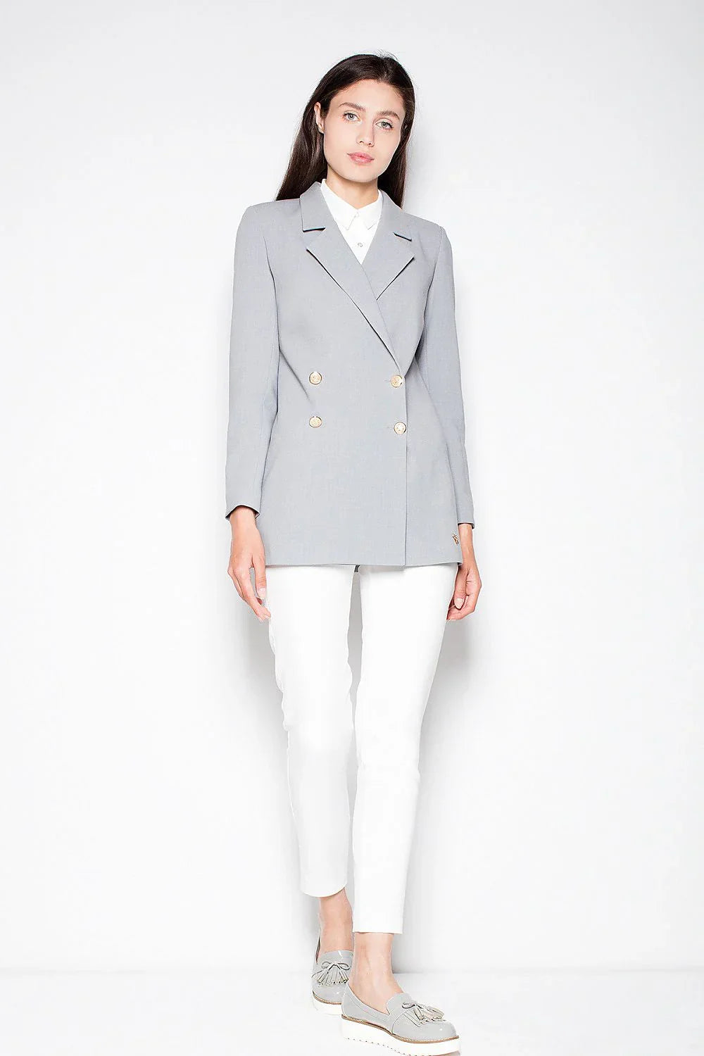 Women's Blazer - Double-Breasted Solid Lace - Slim Fit Hip-Length - Gray – Blazer | GUOCALI – view 2