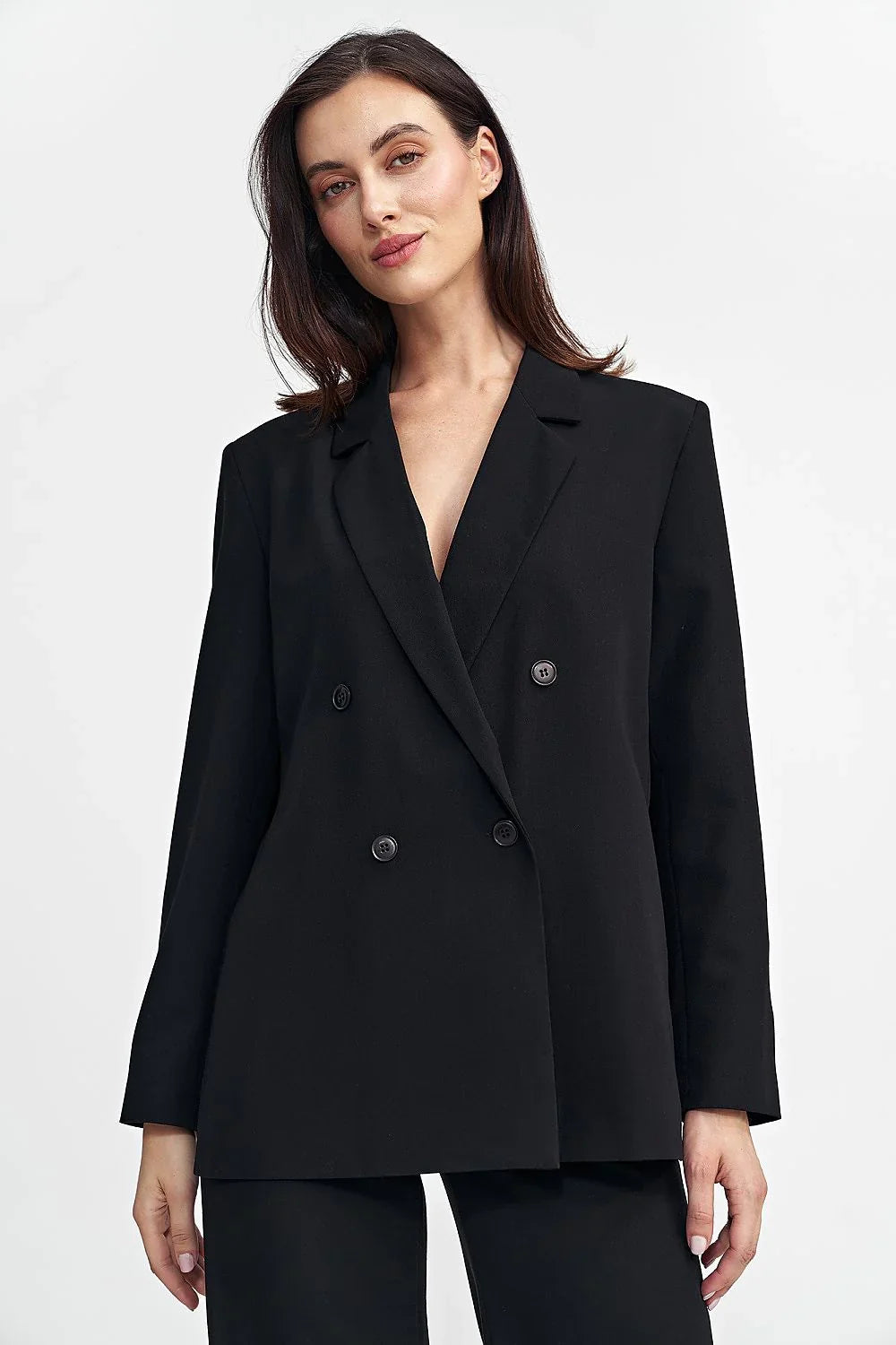 Women's Blazer - Double-Breasted Solid Linen - Oversized Thigh-Length - Black – Blazer | GUOCALI
