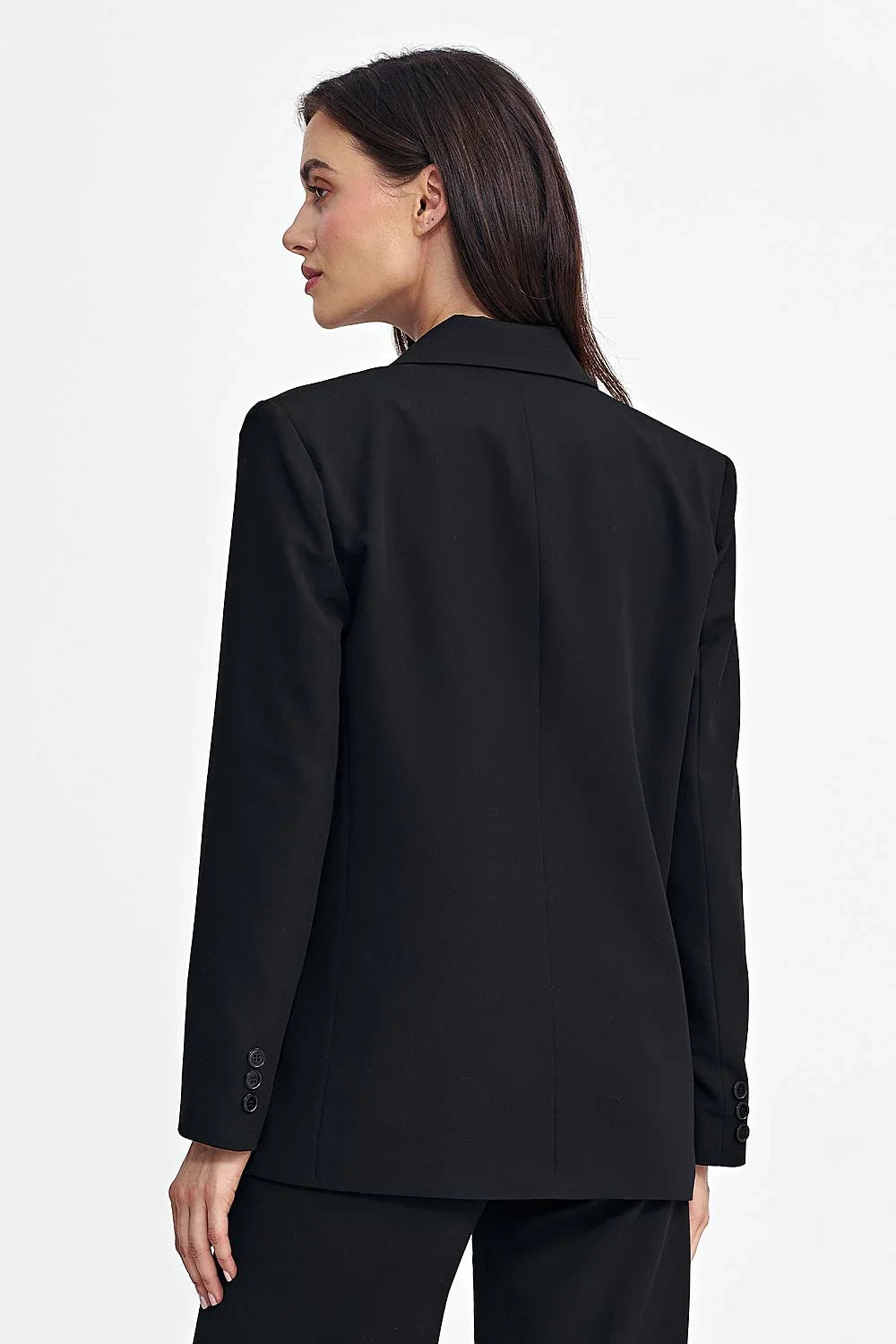 Women's Blazer - Double-Breasted Solid Linen - Oversized Thigh-Length - Black – Blazer | GUOCALI – view 3