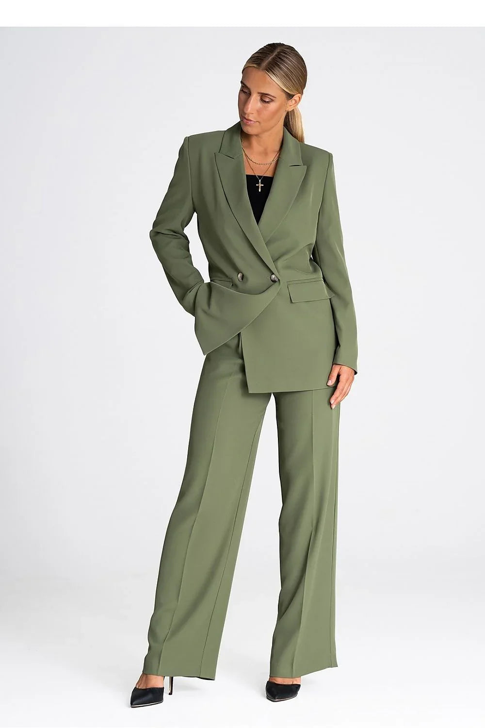 Women's Blazer - Double-Breasted Solid Linen - Regular Fit Hip-Length - Green – Suit Jacket | GUOCALI – view 4