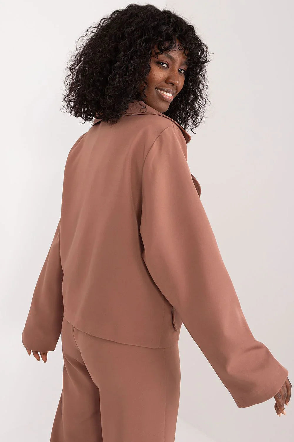 Women's Blazer - Double-Breasted Solid Satin - Regular Fit Hip-Length - Brown – Suit Jacket | GUOCALI – view 3