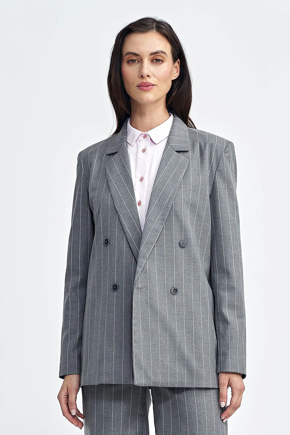 Women's Blazer - Double-Breasted Striped Satin - Oversized Hip-Length - Gray – Suit Jacket | GUOCALI