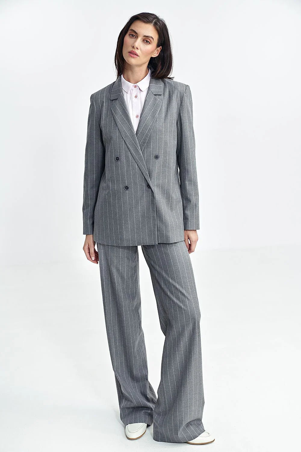 Women's Blazer - Double-Breasted Striped Satin - Oversized Hip-Length - Gray – Suit Jacket | GUOCALI – view 2