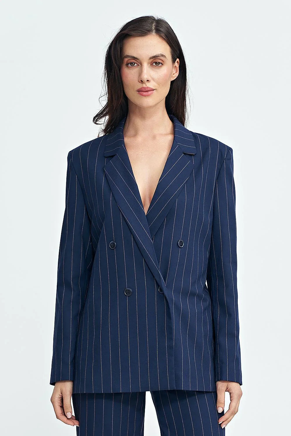 Women's Blazer - Double-Breasted Striped Satin - Oversized Hip-Length - Navy – Blazer | GUOCALI