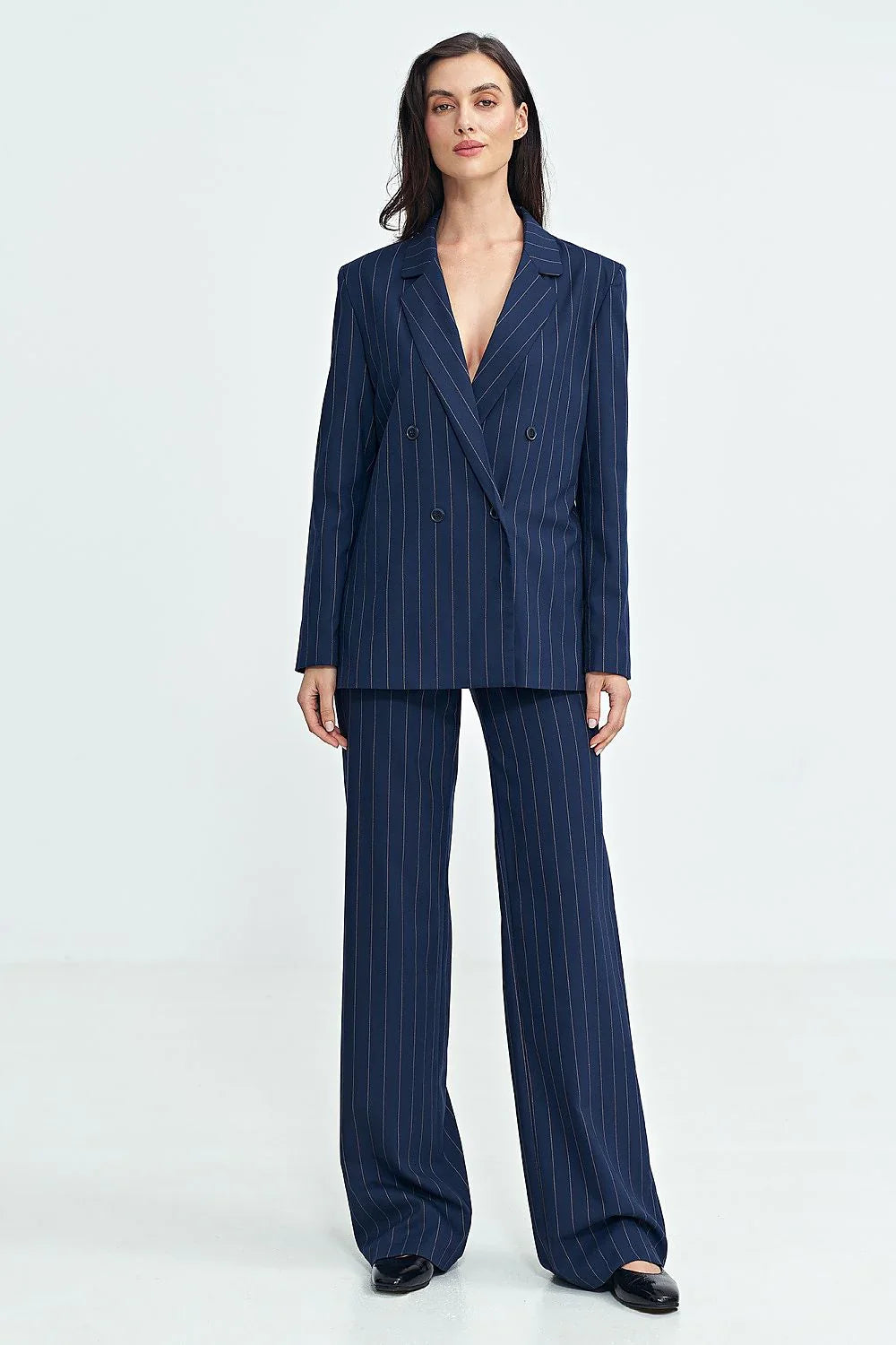 Women's Blazer - Double-Breasted Striped Satin - Oversized Hip-Length - Navy – Blazer | GUOCALI – view 2