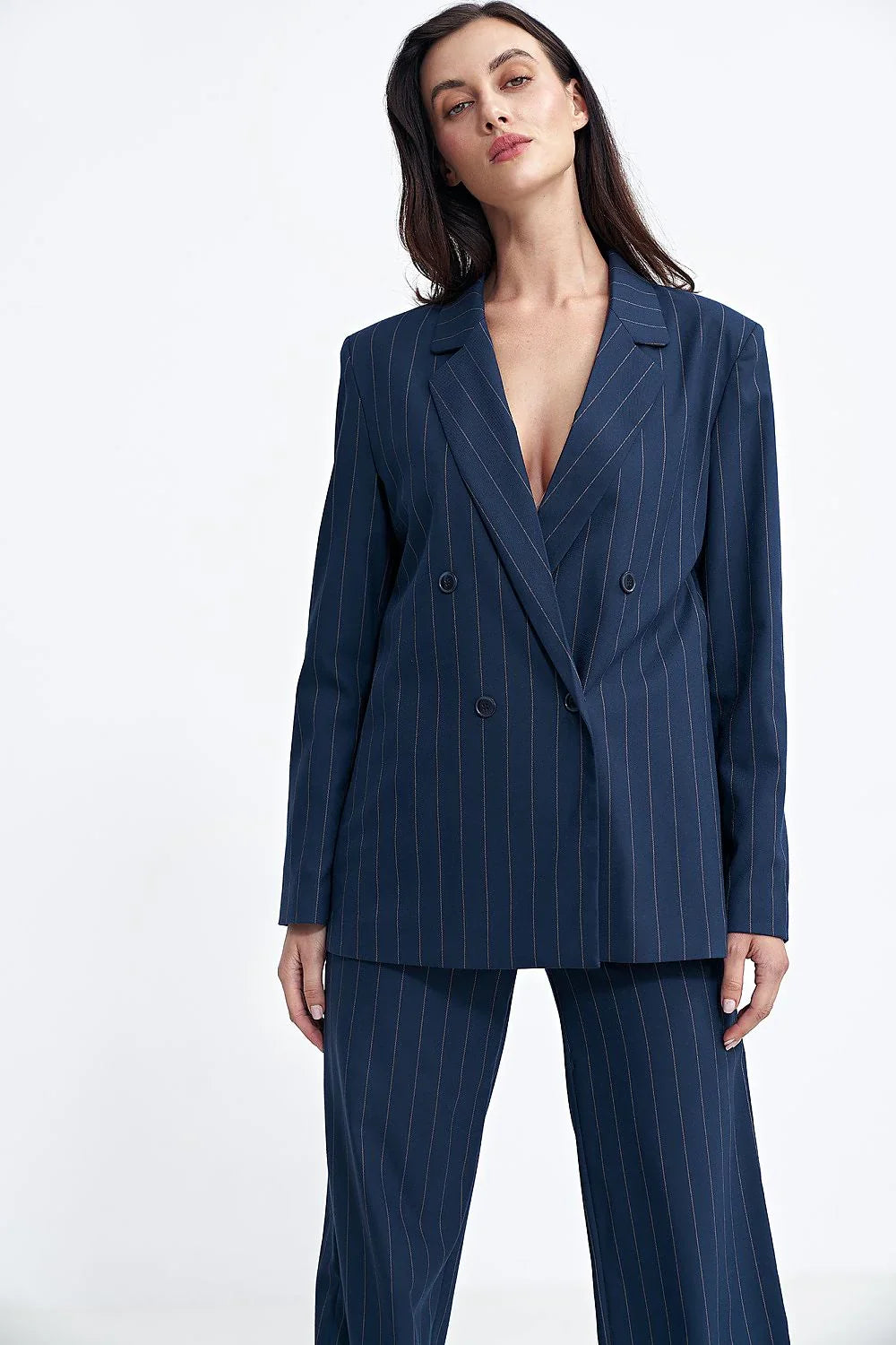 Women's Blazer - Double-Breasted Striped Satin - Oversized Hip-Length - Navy – Blazer | GUOCALI – view 4