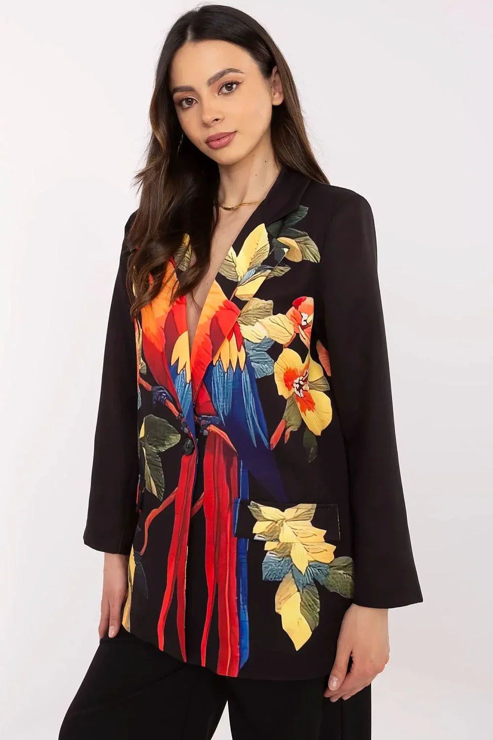 Women's Blazer - One-Button Floral - Regular Fit Thigh-Length - Black – Blazer | GUOCALI – view 4