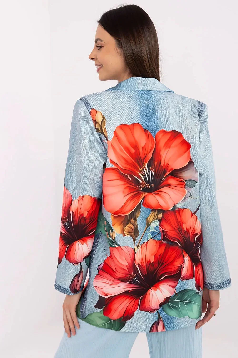 Women's Blazer - One-Button Floral - Regular Fit Thigh-Length - Blue – Blazer | GUOCALI – view 3