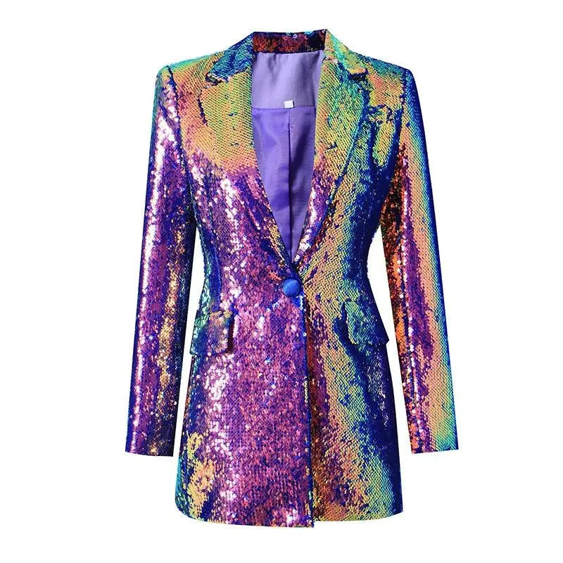 Women's Blazer - One-Button Sequin Cotton - Regular Fit Hip-Length - Dark Purple – Blazer | GUOCALI