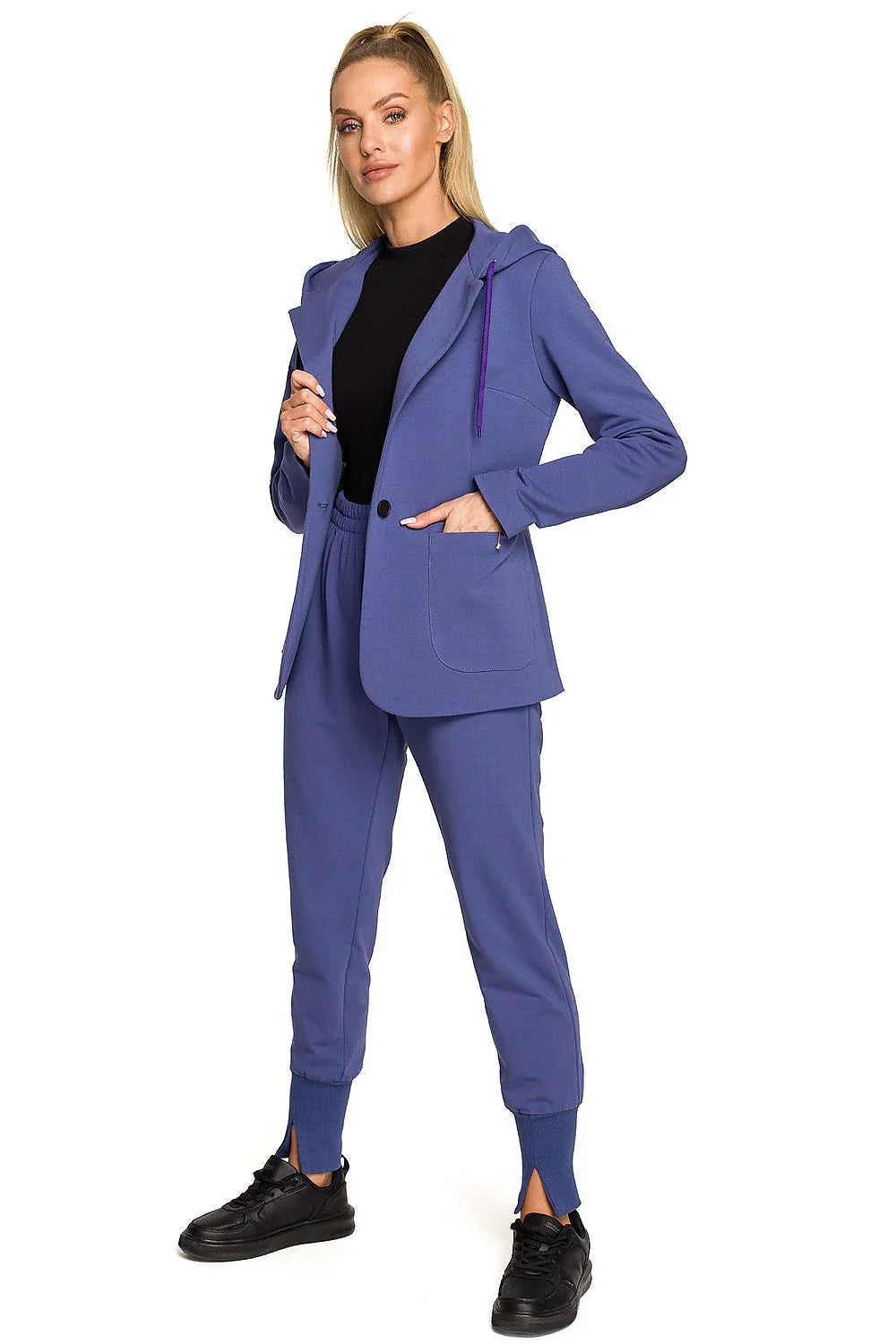 Women's Blazer - One-Button Solid Stretch Cotton - Regular Fit Hip-Length - Navy – Blazer | GUOCALI – view 2