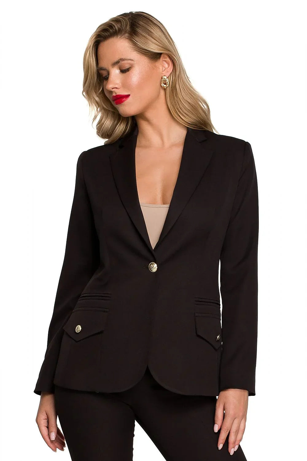 Women's Blazer - One-Button Solid Stretch Linen - Slim Fit Hip-Length - Black | Makover – Blazer | GUOCALI