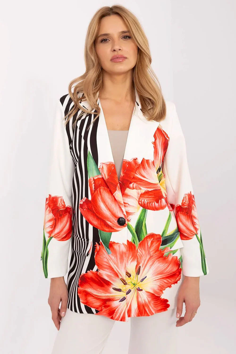 Women's Blazer - One-Button Striped - Regular Fit Hip-Length - Beige – Blazer | GUOCALI