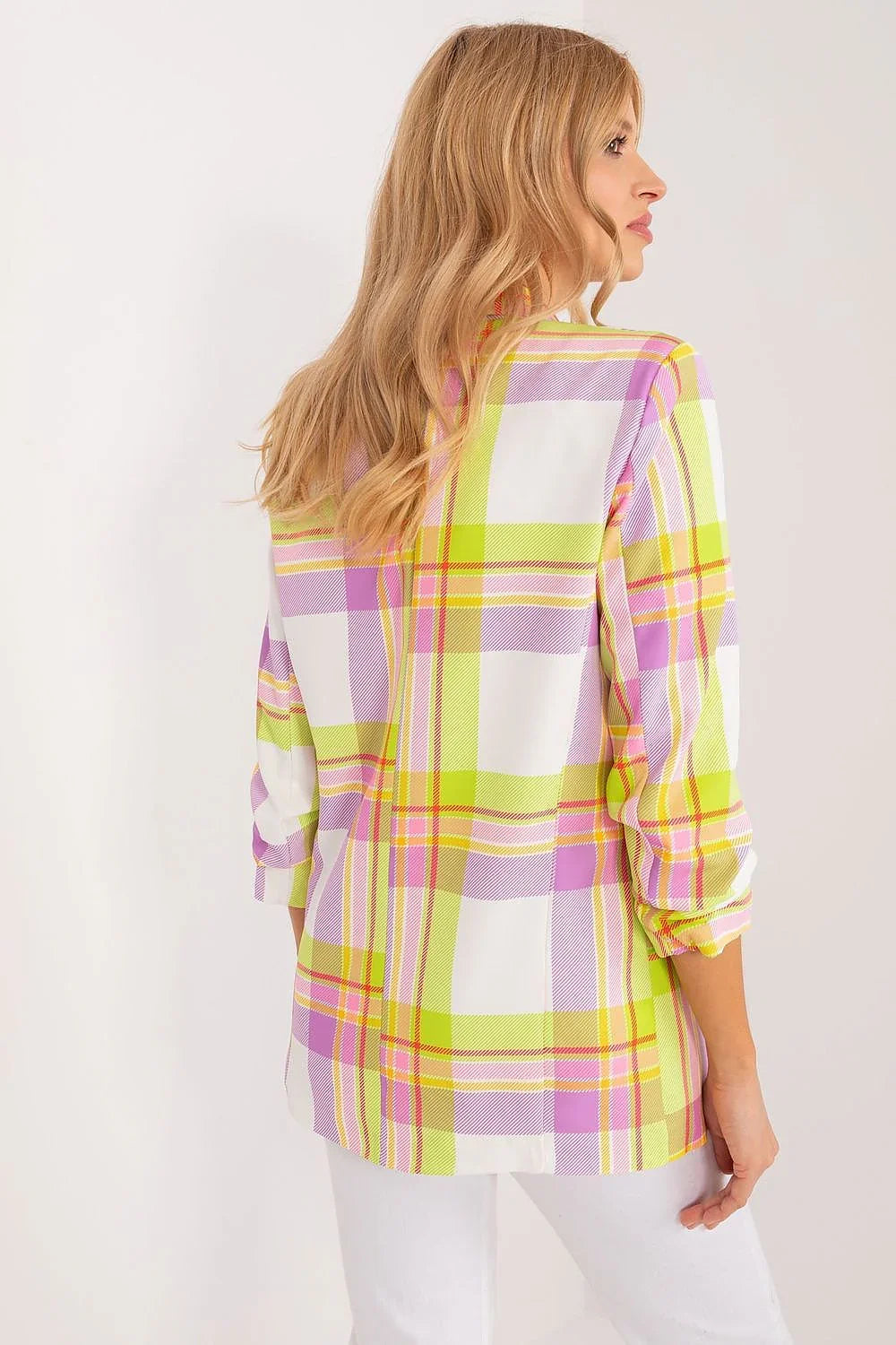 Women's Blazer - Open-Front Checkered - Regular Fit Hip-Length - Pink – Blazer | GUOCALI – view 3