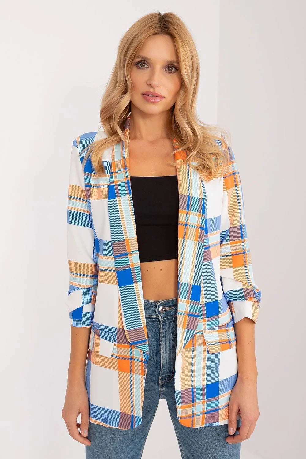 Women's Blazer - Open-Front Checkered - Regular Fit Hip-Length - White – Blazer | GUOCALI