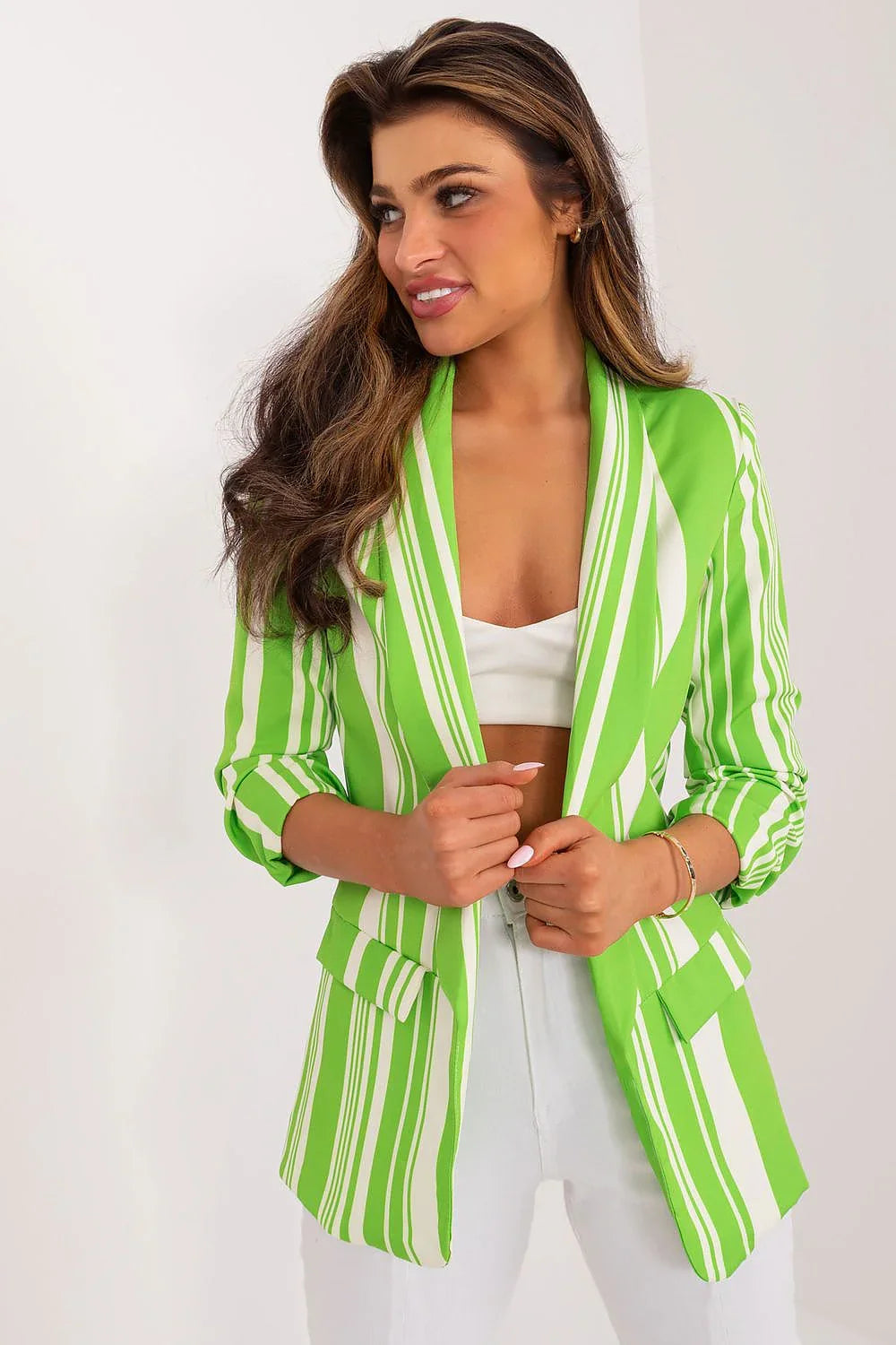Women's Blazer - Open-Front Striped - Slim Fit Hip-Length - Green – Blazer | GUOCALI