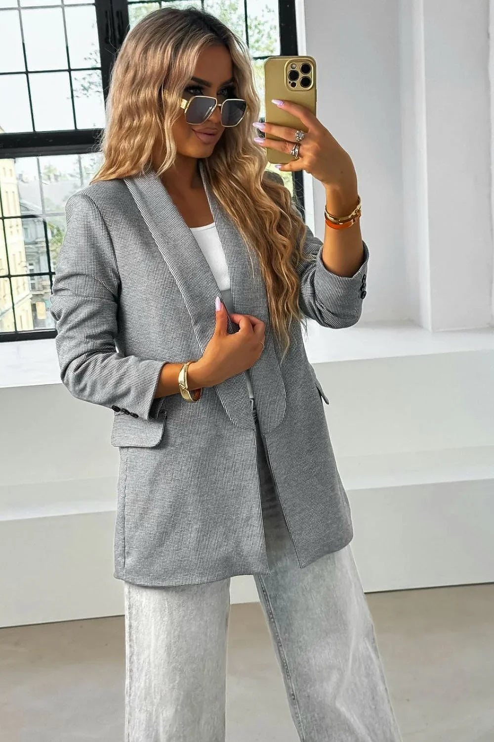 Women's Blazer - Single-Breasted Checkered - Regular Fit Hip-Length - Gray – Blazer | GUOCALI – view 2