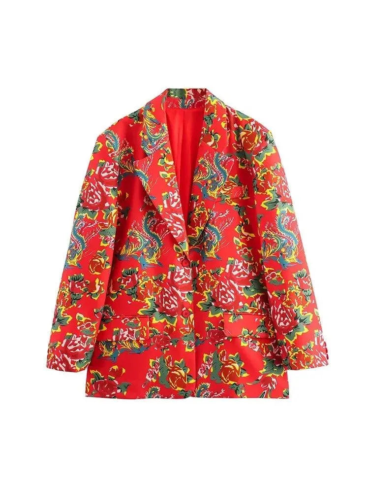 Women's Blazer - Single-Breasted Floral - Regular Fit Hip-Length - Red – Suit Jacket | GUOCALI – view 7