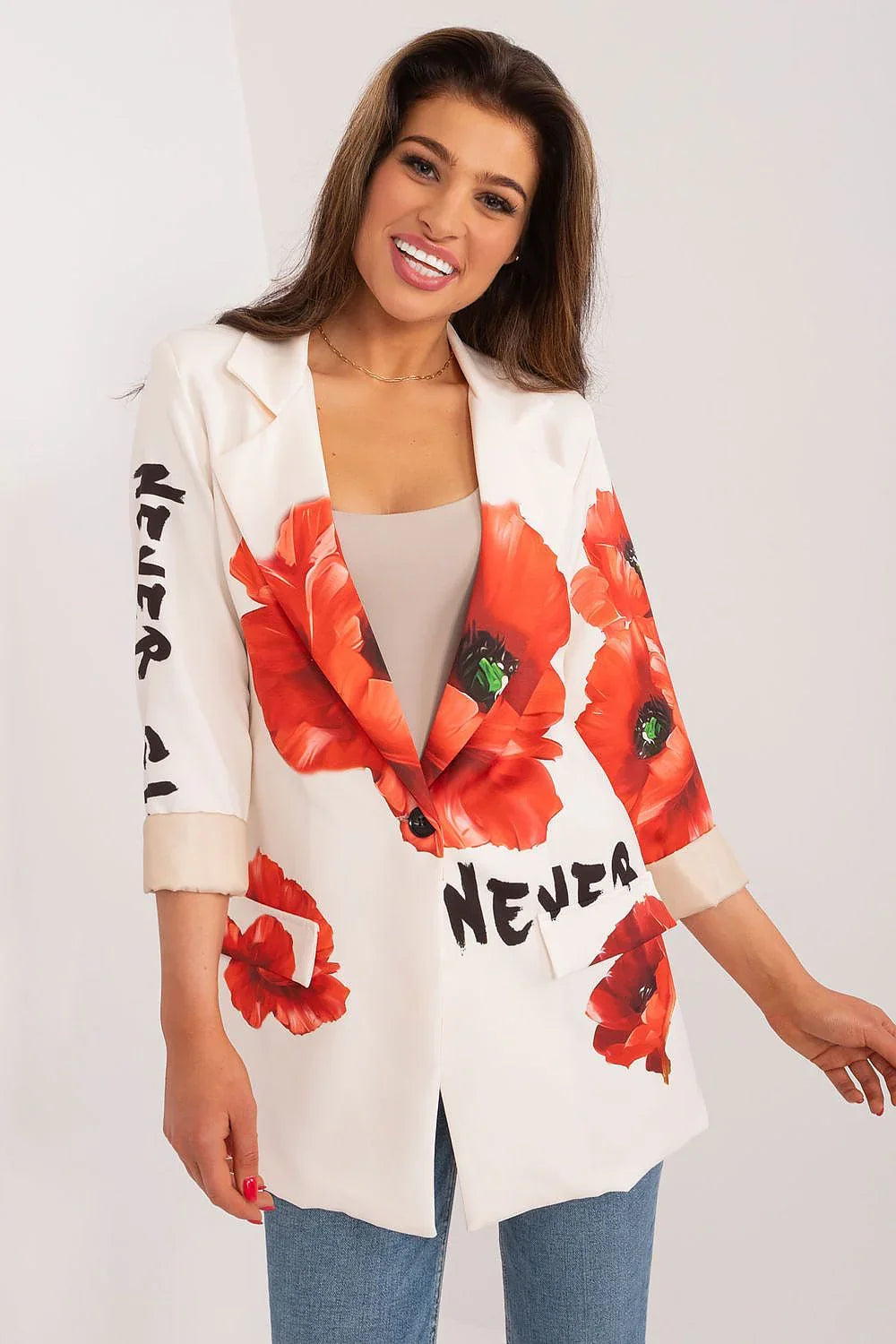Women's Blazer - Single-Breasted Floral - Regular Fit Thigh-Length - Beige – Blazer | GUOCALI