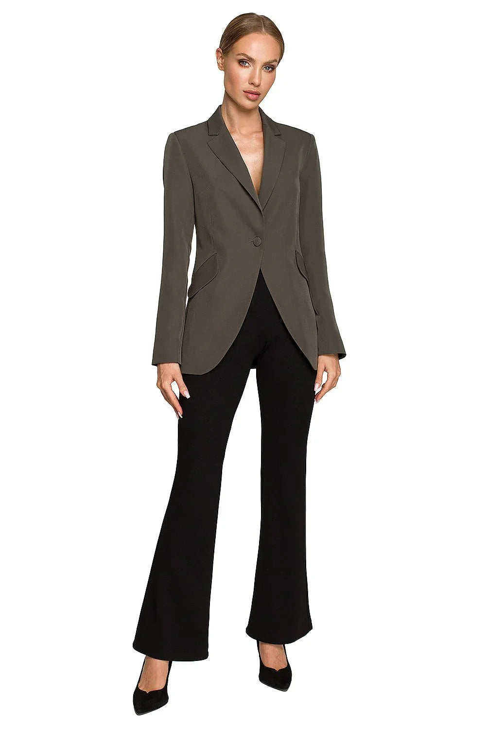 Women's Blazer - Single-Breasted Solid Linen - Slim Fit Hip-Length - Green – Blazer | GUOCALI – view 2