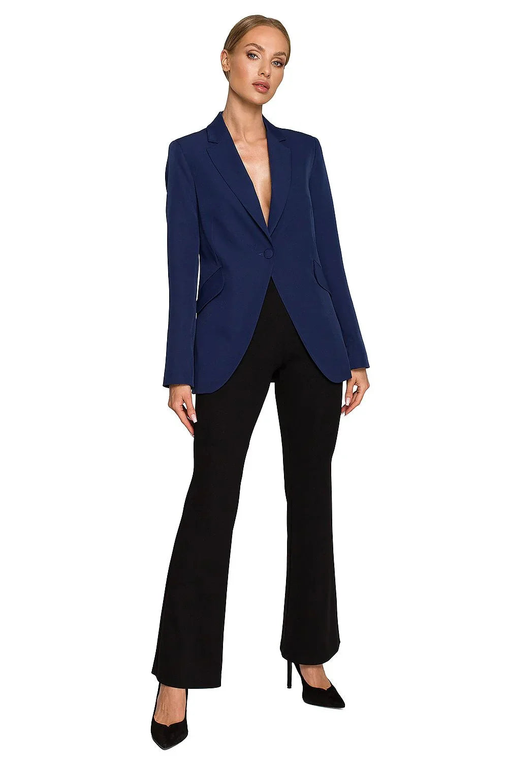 Women's Blazer - Single-Breasted Solid Linen - Slim Fit Hip-Length - Navy – Blazer | GUOCALI – view 2