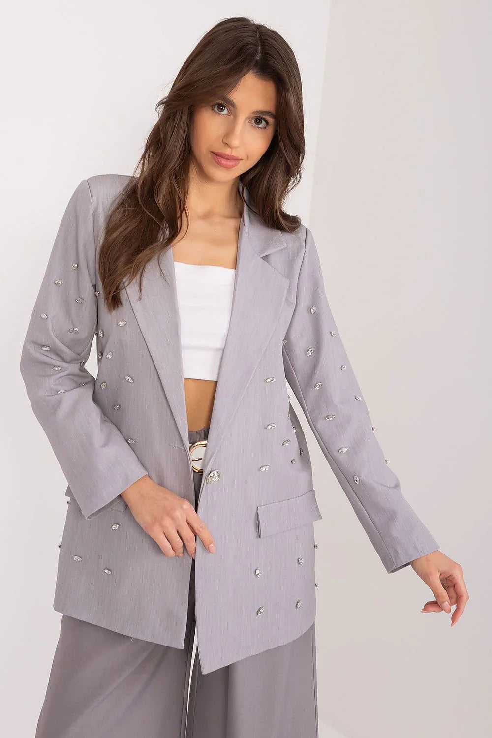 Women's Blazer - Single-Breasted Solid Satin - Regular Fit Hip-Length - Grey – Blazer | GUOCALI