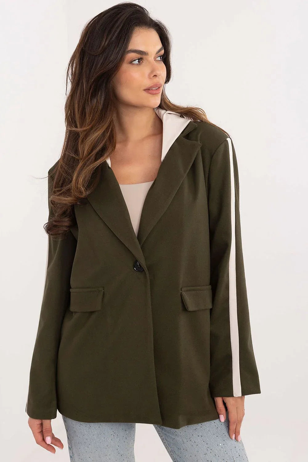 Women's Blazer - Single-Breasted Striped - Regular Fit Hip-Length - Green – Blazer | GUOCALI