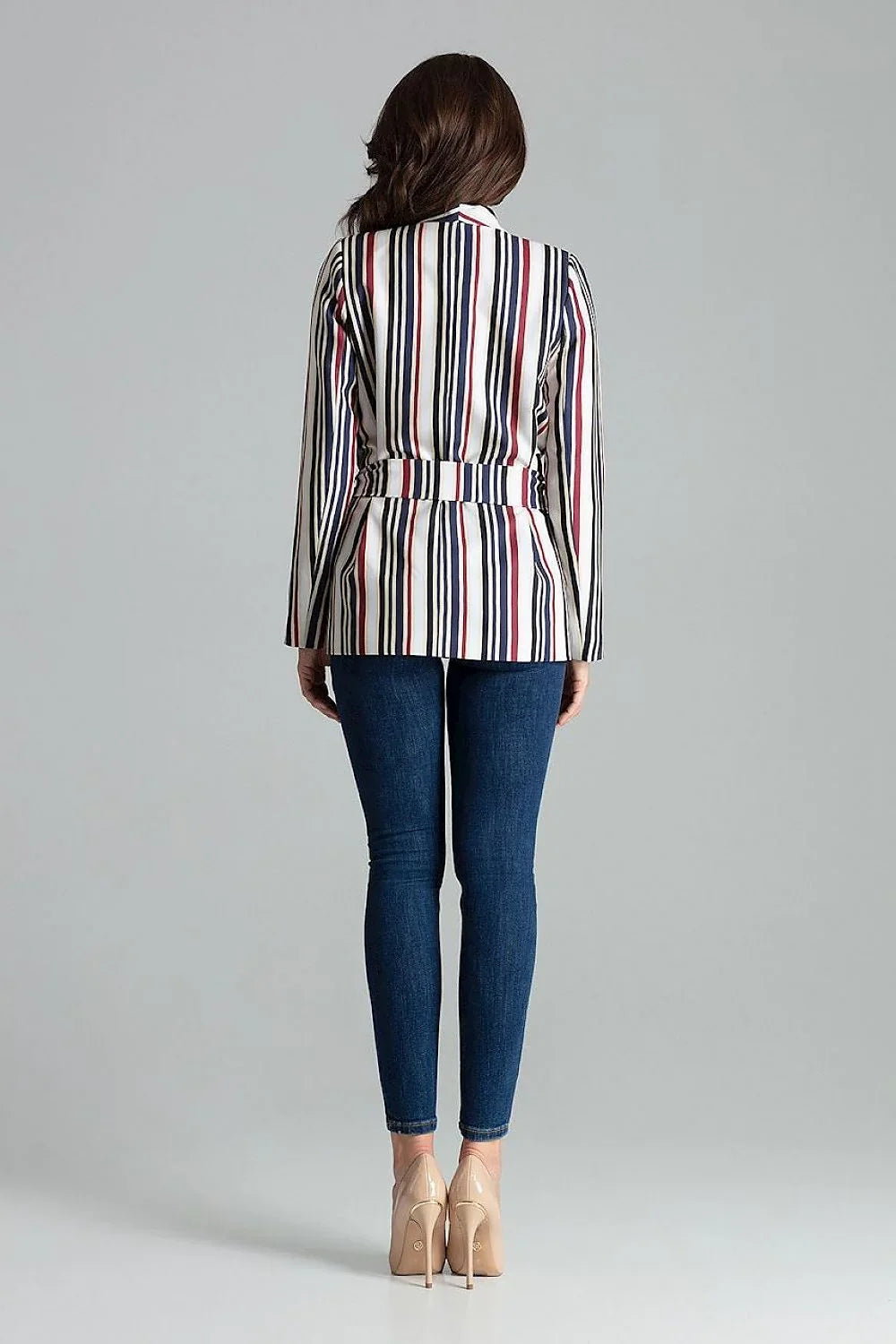 Women's Blazer - Tie-Waist Wrap Striped - Regular Fit Hip-Length - White – Blazer | GUOCALI – view 3