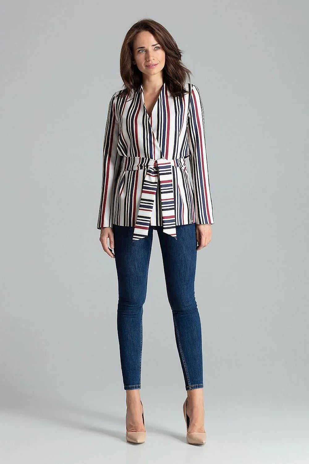 Women's Blazer - Tie-Waist Wrap Striped - Regular Fit Hip-Length - White – Blazer | GUOCALI – view 4