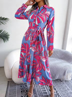 Women's Floral Print Lapel Tie Shirt Dress-Padded Bra-GUOCALI