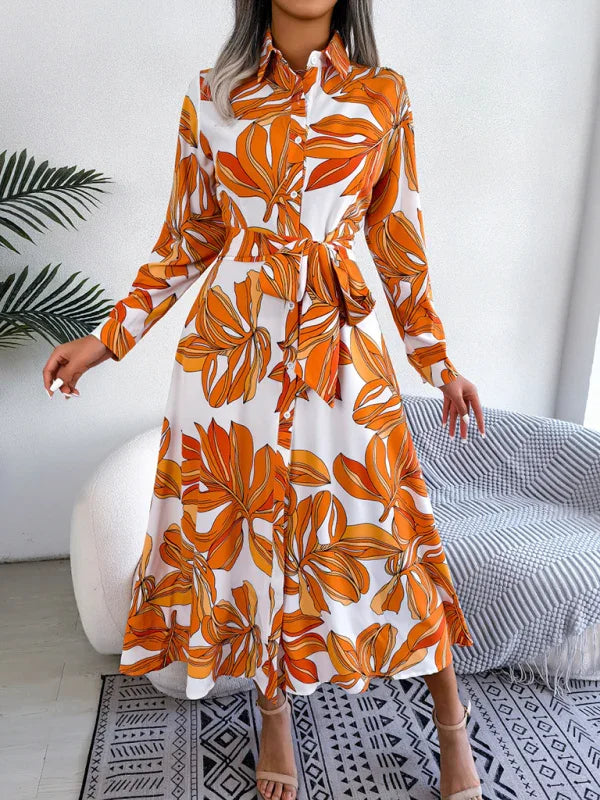 Women's Floral Print Lapel Tie Shirt Dress-Padded Bra-GUOCALI