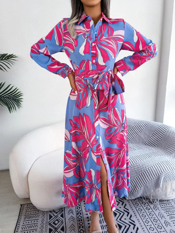 Women's Floral Print Lapel Tie Shirt Dress-Padded Bra-GUOCALI