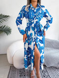 Women's Floral Print Lapel Tie Shirt Dress-Padded Bra-GUOCALI
