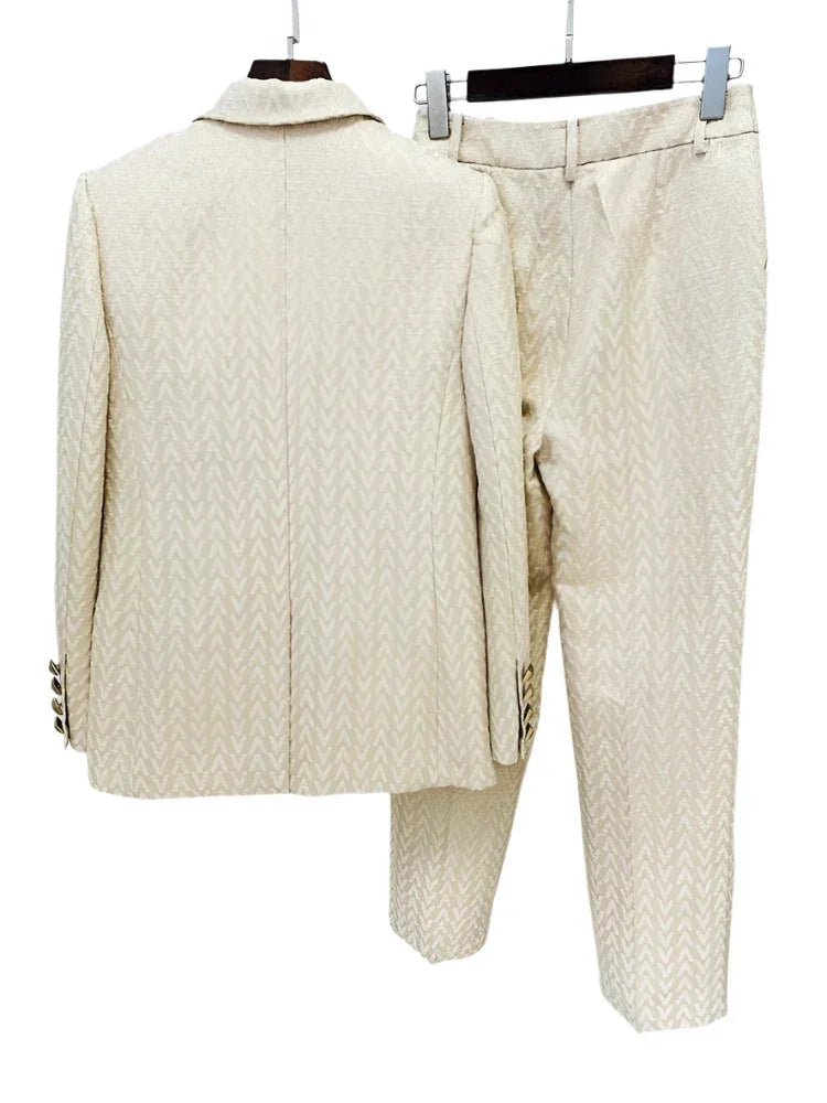 Women's Geometric Single-Breasted Pantsuit – Beige – Pant Suit | GUOCALI – view 2