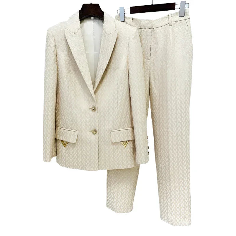 Women's Geometric Single-Breasted Pantsuit – Beige – Pant Suit | GUOCALI – view 7