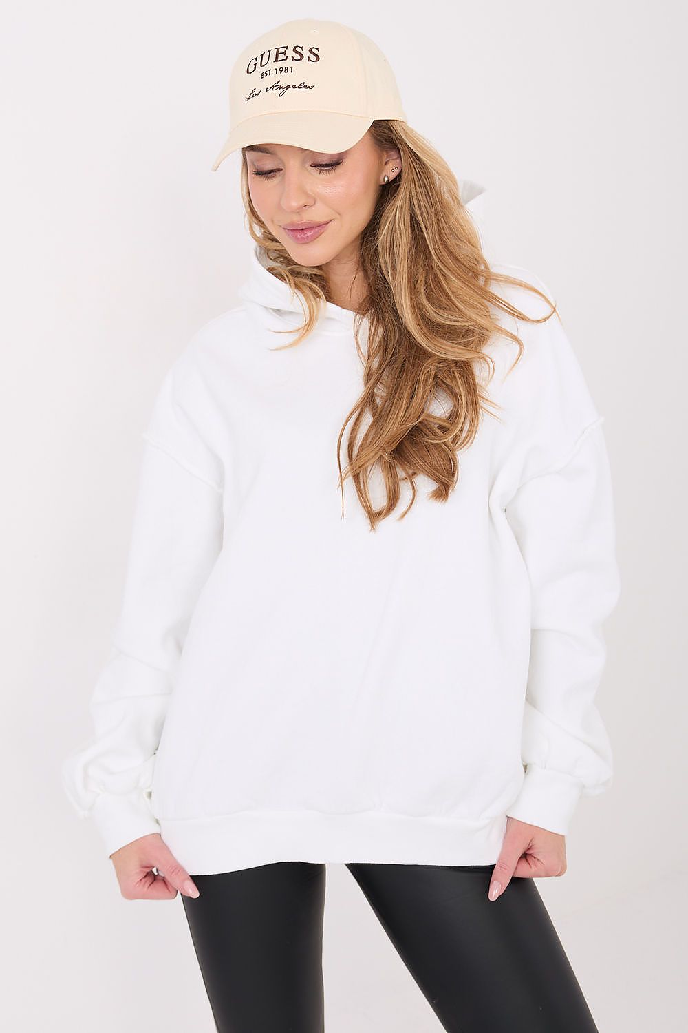 Women's hoodie beige pullover exposed seams front view